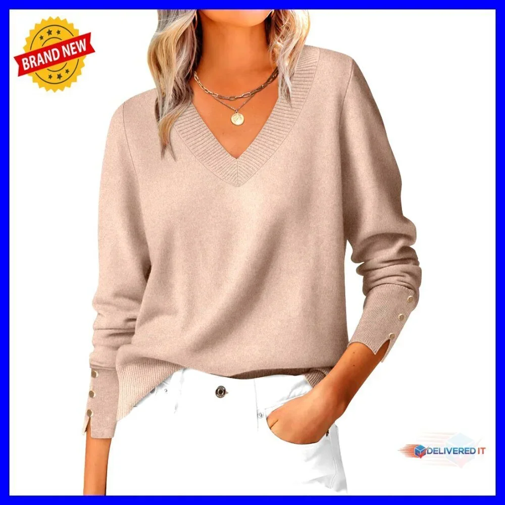 V Neck Pullover Sweater Long Sleeve Business Casual Work Blouse Loose Knit